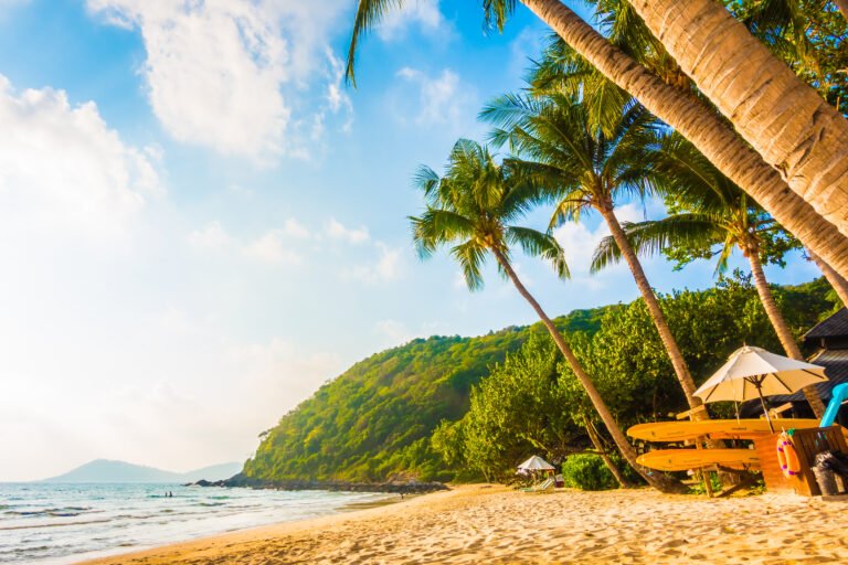 Beautiful tropical beach and sea landscape with coconut palm tree and umbrella and chair - Boost up color Processing